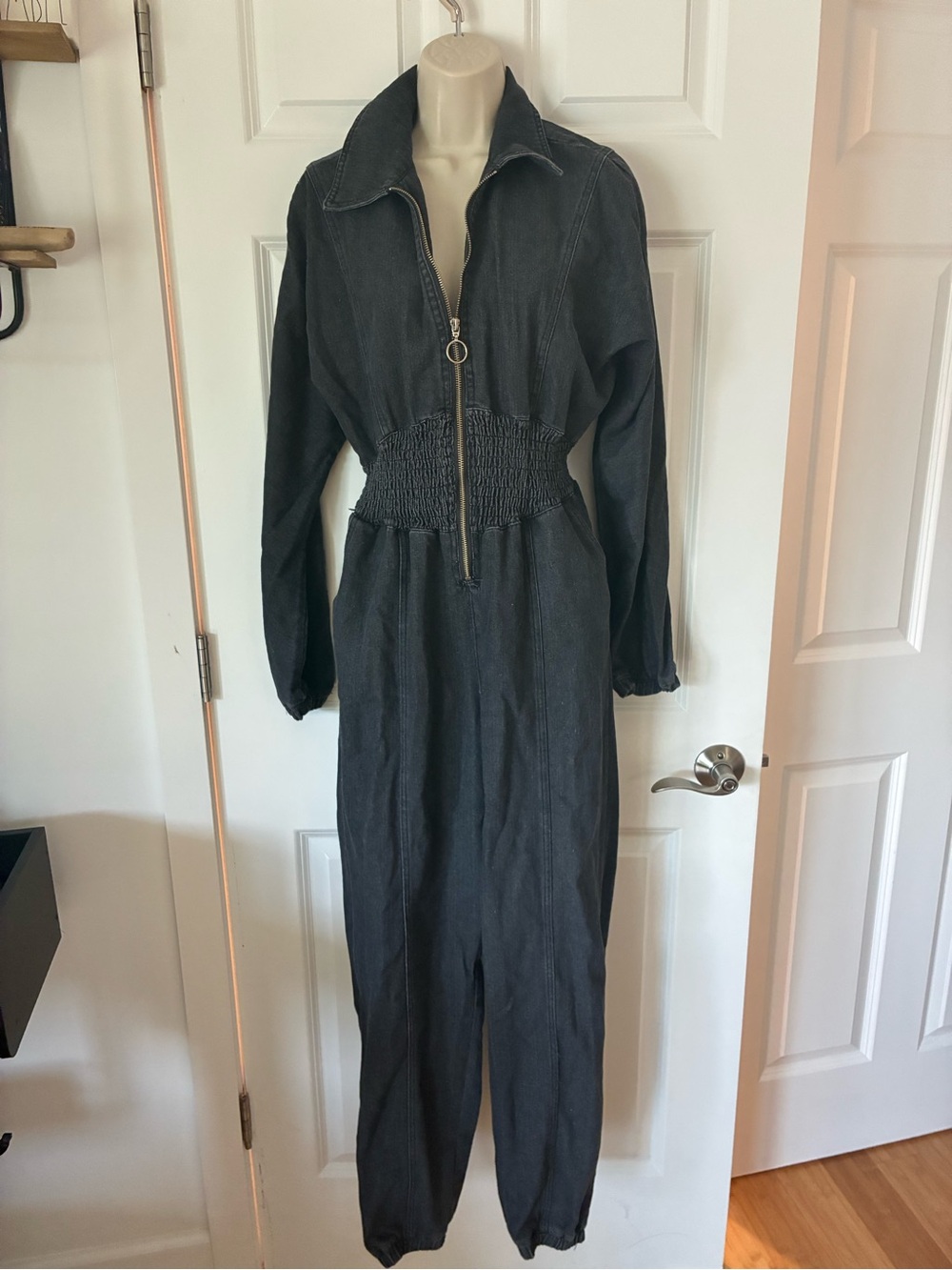 Steve Madden Charcoal Zip-Front Jumpsuit with Smocked Waist